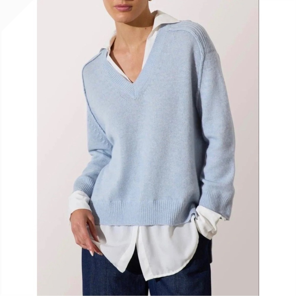 Brochu Walker The Looker Layered V-Neck Sweater S Air Blue Wool Cashmere Preppy